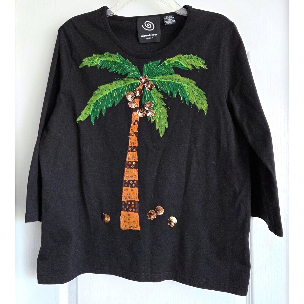 VTG Michael Simon Black Cotton Palm Tree Sequin Embroidered 3/4 Slve Top Sz XL